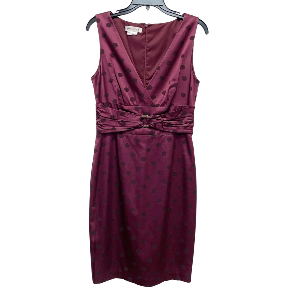 Kay Unger New York Burgundy Polka Dot V Neck Sheath Sleeveless‎ Dress Size 10
